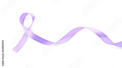 Violet awareness ribbon isolated on white, top view photo