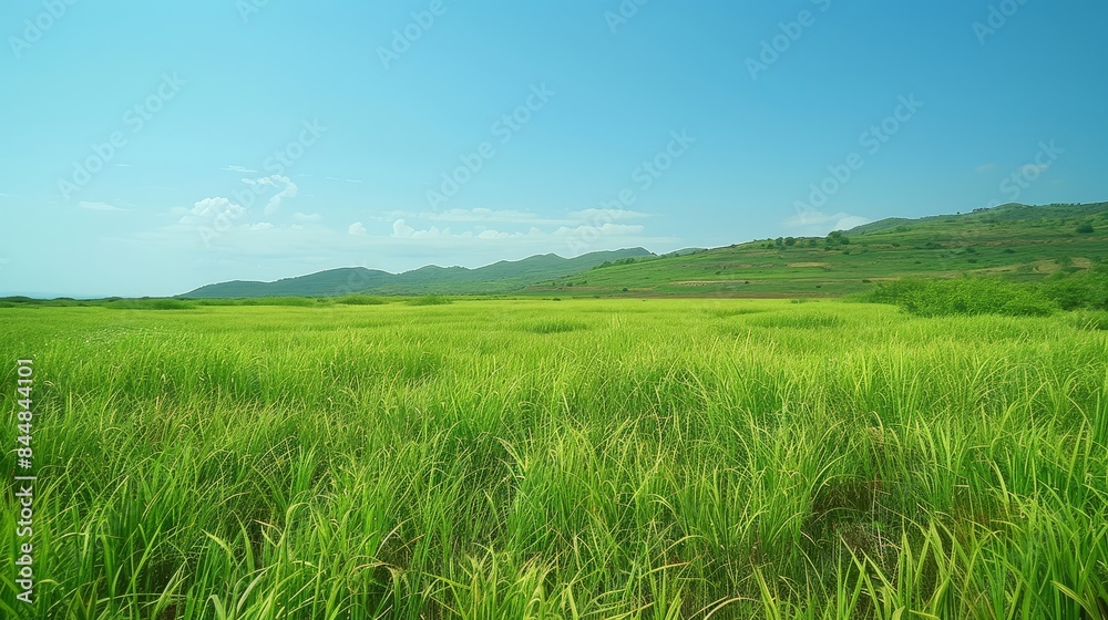 Vast lush green field under a bright clear sky, vibrant green plants growing, photo-realistic landscape capturing the essence of nature Vast lush green field under a bright clear sky, vibrant green plants growing, photo-realistic landscape capturing the essence of nature