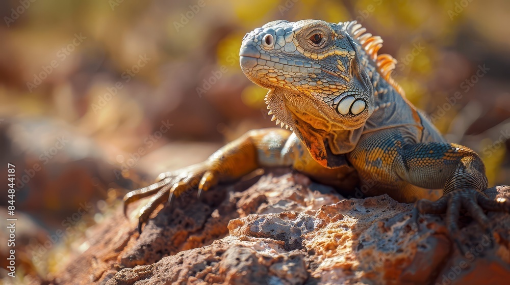 Fototapeta premium Vivid close-up of a desert iguana on a rock, claws holding the surface, bright and colorful, extremely detailed and realistic