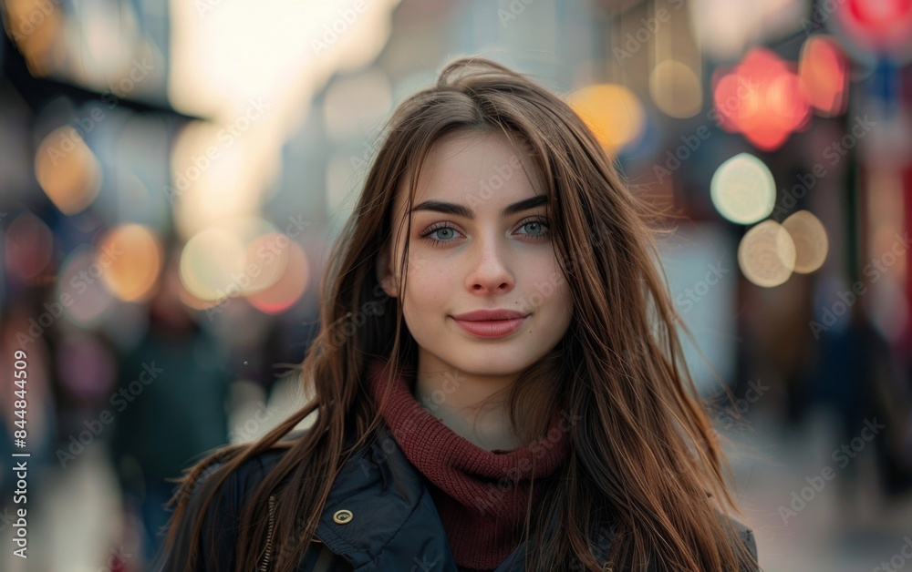 Fototapeta premium A woman with long brown hair and a red scarf is standing in a busy city street. She is smiling and looking directly at the camera