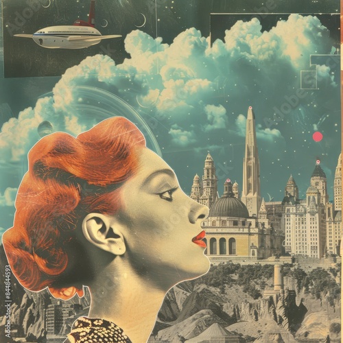 a woman with red hair and a cityscape photo