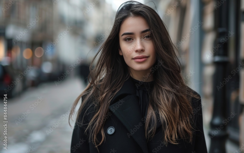 A woman with long hair is standing on a city street. She is wearing a black coat and she is smiling A woman with long hair is standing on a city street. She is wearing a black coat and she is smiling