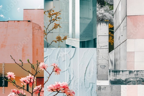 a collage of different colored buildings and flowers photo