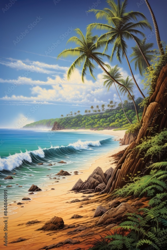 Tropical sunset beach scene with palm trees Tropical sunset beach scene with palm trees
