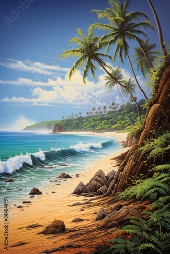 Tropical sunset beach scene with palm trees