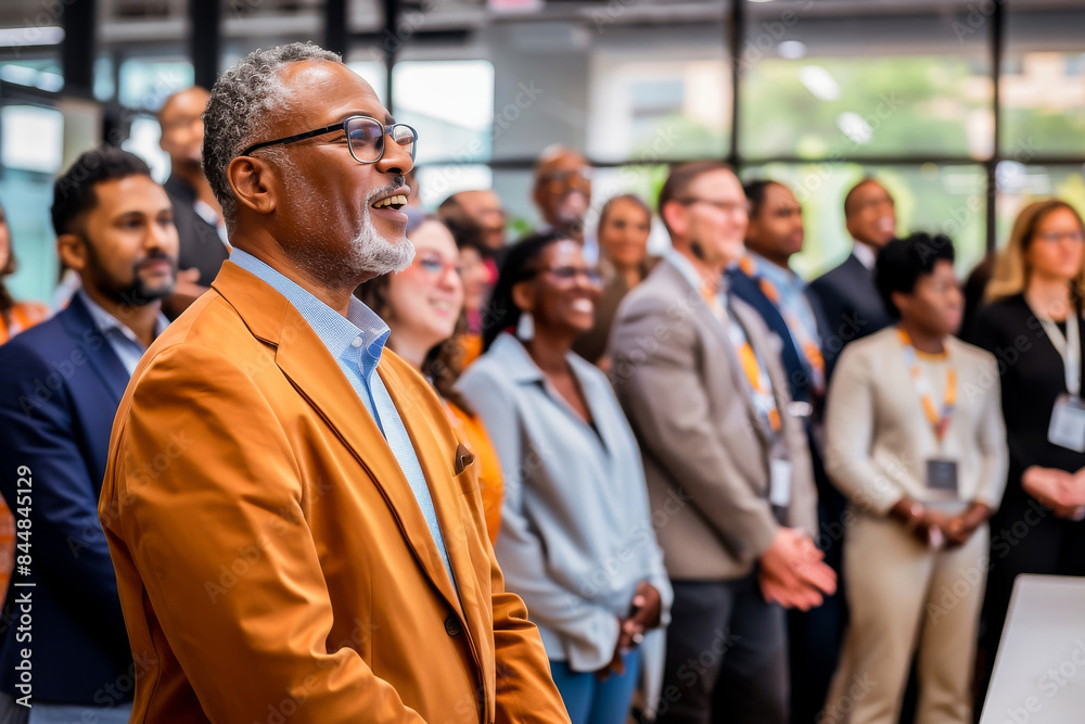 A diverse group of business professionals engaged and smiling during a corporate meeting in a modern office environment. A diverse group of business professionals engaged and smiling during a corporate meeting in a modern office environment.