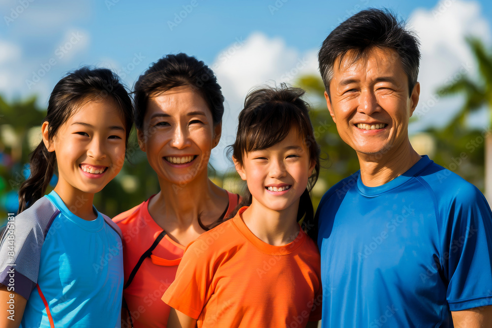 A cheerful family of four enjoying a sunny day outdoors, smiling and happy together. A cheerful family of four enjoying a sunny day outdoors, smiling and happy together.