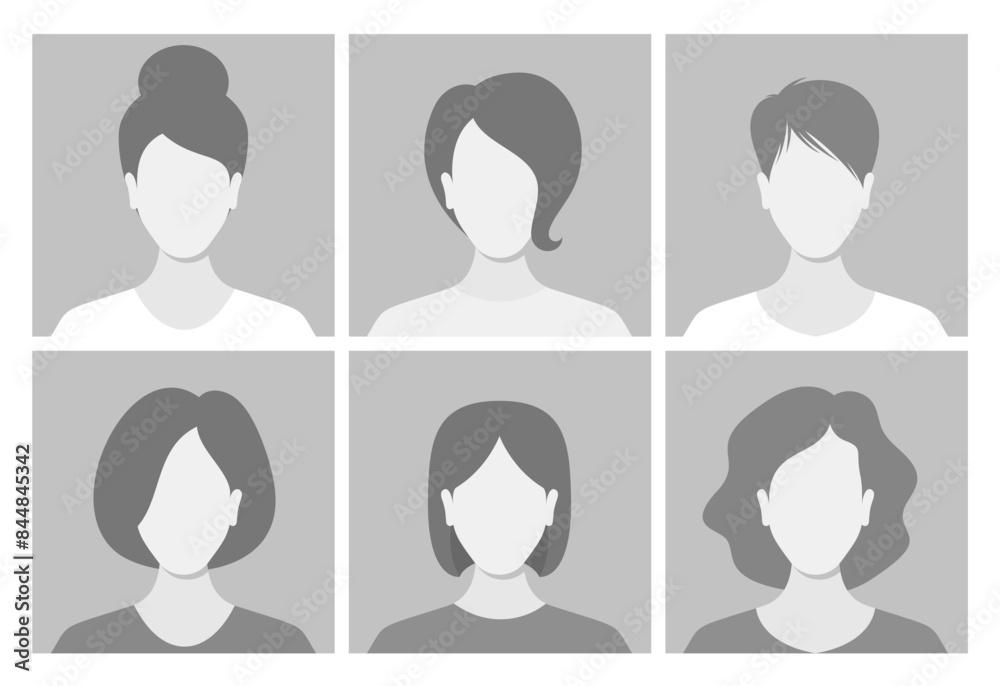 Collection Of Six Female Avatars In Gray Color With Various Hairstyles. Vector Portraits With Unique Hairstyle Collection Of Six Female Avatars In Gray Color With Various Hairstyles. Vector Portraits With Unique Hairstyle