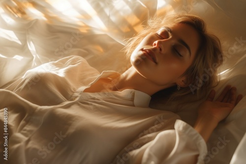 Woman sleeping in bed with sunlight