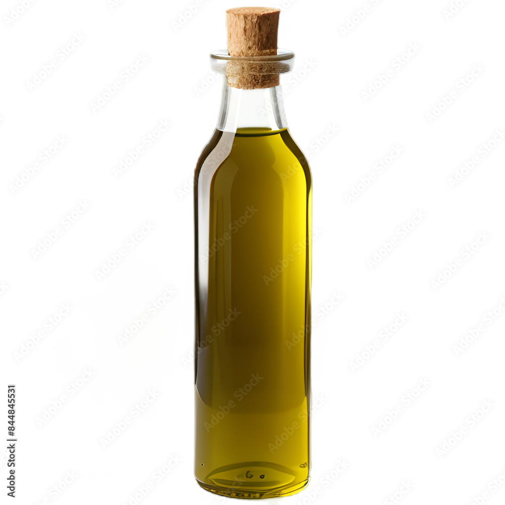 A clear glass bottle filled with golden olive oil, sealed with a natural cork stopper A clear glass bottle filled with golden olive oil, sealed with a natural cork stopper