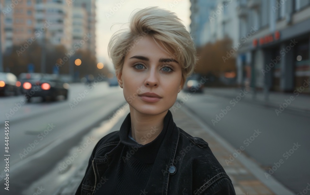 Fototapeta premium A woman with blonde hair and blue eyes stands on a city street. She is wearing a black jacket and a black shirt. The street is busy with cars and trucks. The scene is bustling and lively