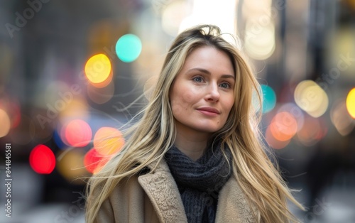 A woman with blonde hair and a scarf is standing on a street. The street is busy with cars and people, and the lights are on. The woman is smiling and looking at the camera © imagineRbc