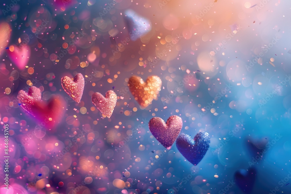Pink glitter hearts falling against a blue and purple background
