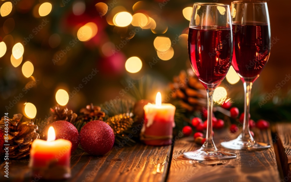 A table with two wine glasses and candles on it. The scene is set for a romantic dinner or celebration A table with two wine glasses and candles on it. The scene is set for a romantic dinner or celebration