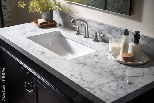 Modern bathroom vanity with white quartz countertop