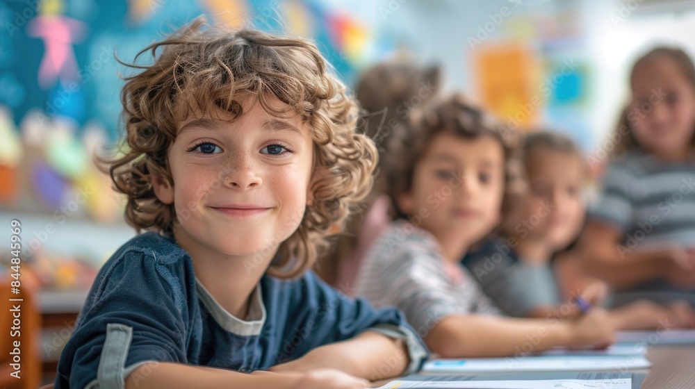 Young boy smiles in elementary school classroom Young boy smiles in elementary school classroom