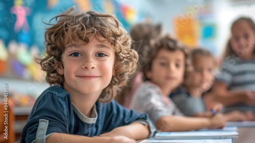 Young boy smiles in elementary school classroom
