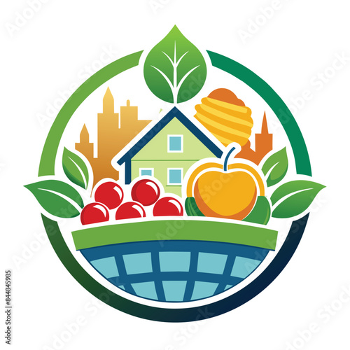 Colorful logo design featuring a stylized cityscape, fresh fruits, and a basket, likely representing a local food pantry, A logo for a local food pantry that features a stylized fruit basket