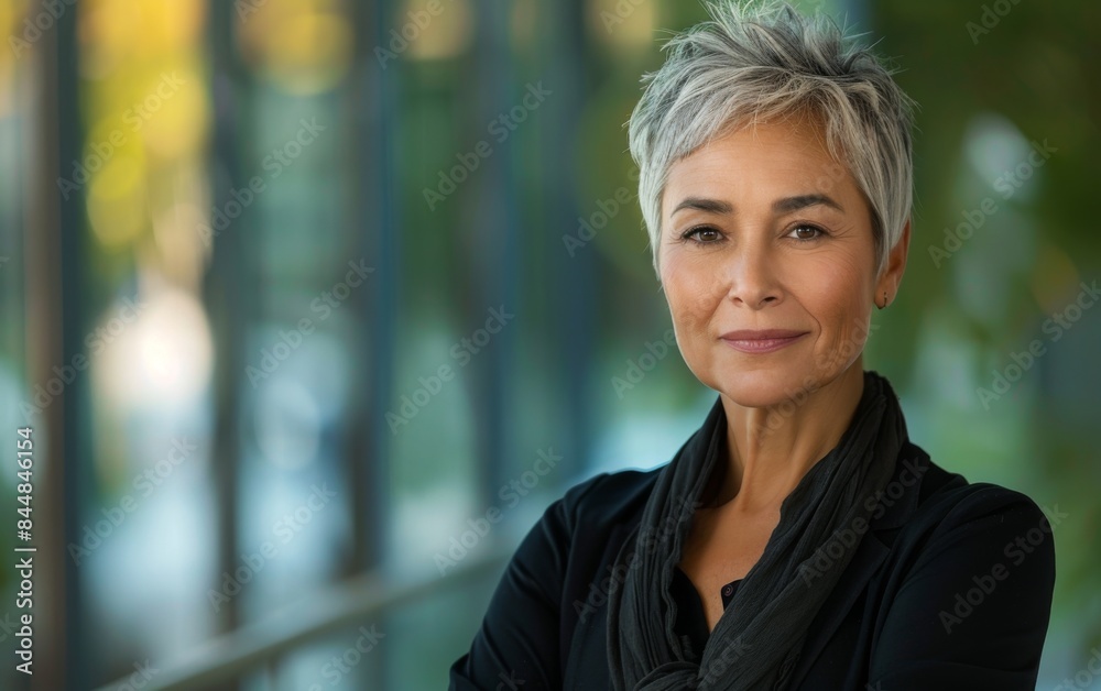 A woman with short gray hair poses for a picture. She is wearing a black dress and a scarf A woman with short gray hair poses for a picture. She is wearing a black dress and a scarf
