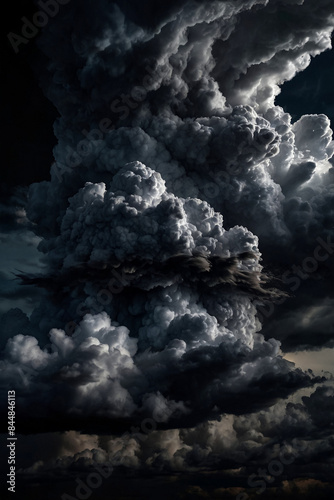 Illustration close-up of dark thunder effect cloud at black background. Black storm at dramatic sky with dark futuristic clouds. Thunderstorm weather concept, generative ai. Copy ad text space