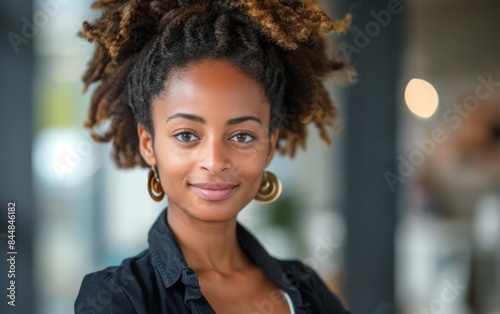 A woman with curly hair and gold earrings is smiling. She is wearing a black shirt and a black jacket © imagineRbc