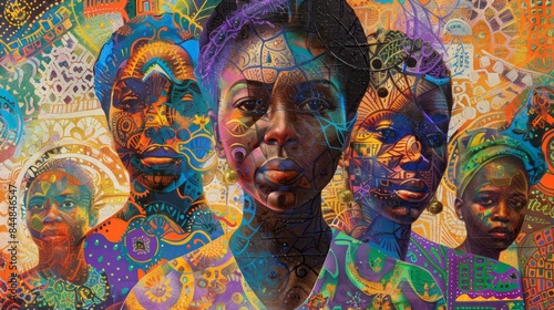 a painting of african women with colorful faces