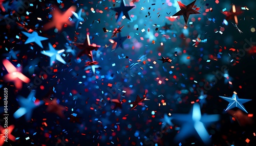 Illustration of bright American stars confetti for celebration holiday, dynamic blue and red sparkles,