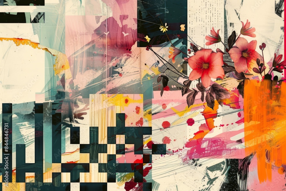 Fototapeta premium abstract painting with flowers and squares