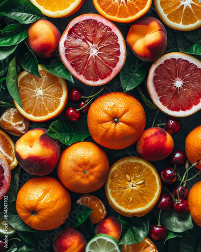 Closeup of peach  cherries  and orange with intense hues and glossy texture on dark background