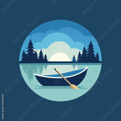 A minimalist depiction of a single canoe resting on a calm lake with a setting sun in the background, A lone canoe drifting on a glassy lake