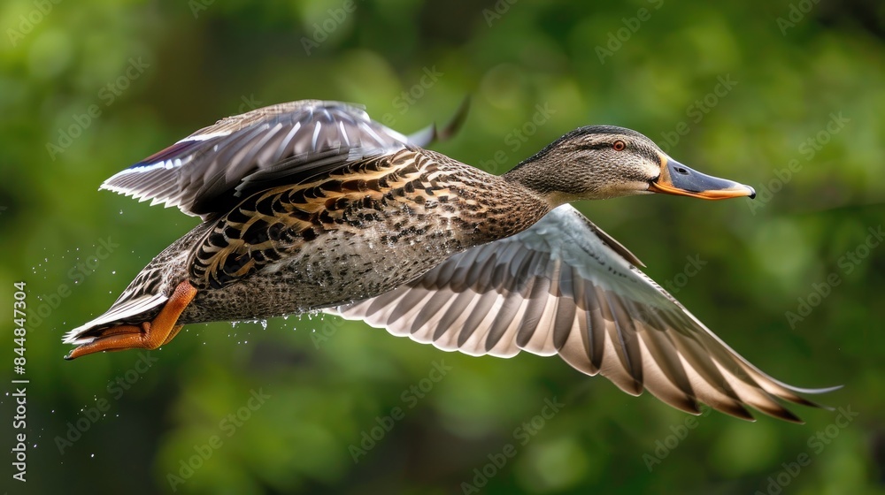 Obraz premium Northern shoveler duck female in flight captured up close