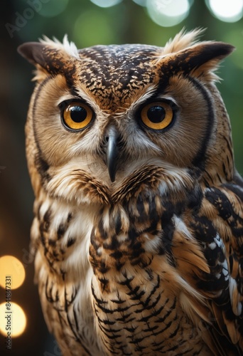 Nature's Enigma: Owl Portraiture under Sparkling Bokeh Lights