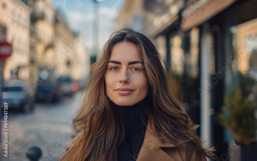 A woman with long brown hair is standing on a city street. She is wearing a brown coat and a black sweater © imagineRbc