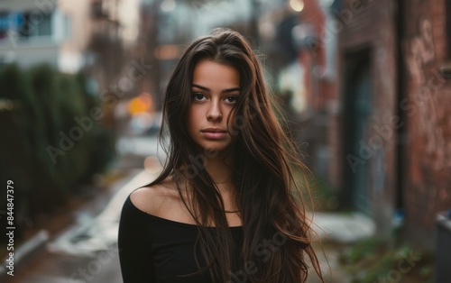 A woman with long hair stands in front of a brick building. She has a serious expression on her face Free Download A woman with long hair stands in front of a brick building. She has a serious expression on her face - GFXLoad
