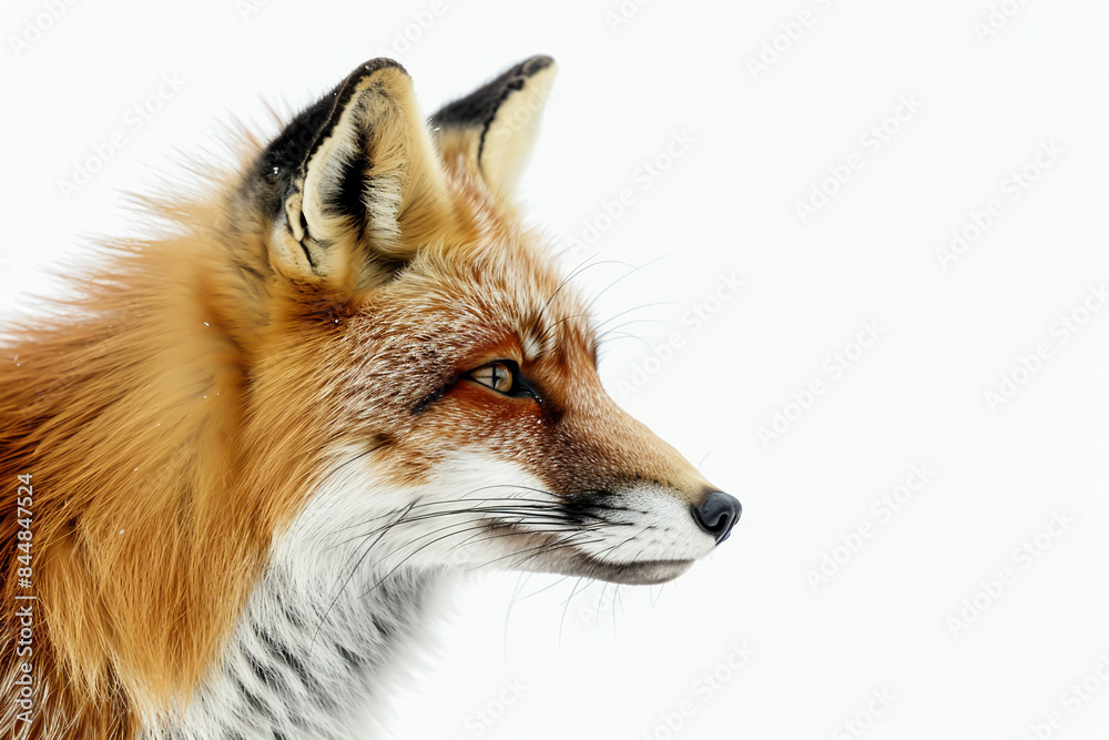 Obraz premium A detailed close-up of a red fox profile against a white background, showcasing its striking fur and sharp features with a serene expression..