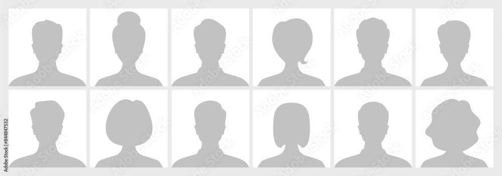 Collection Of Twelve Silhouette Avatars Representing Diverse People In Grayscale. Male And Female Character Shadows