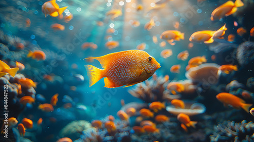 Tropical sea underwater fishes on coral reef. Aquarium oceanarium wildlife colorful marine panorama landscape nature snorkel diving