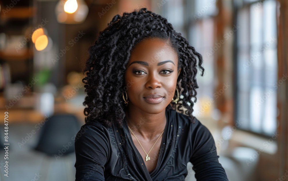 A woman with curly hair is sitting at a table. She is wearing a black shirt and a gold necklace A woman with curly hair is sitting at a table. She is wearing a black shirt and a gold necklace
