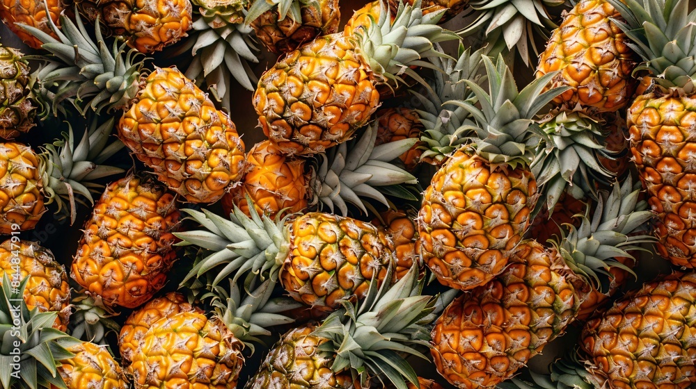 Ripe Pineapples with Green Leaves Showcasing Tropical Freshness and Vibrant Colors, Generative AI Ripe Pineapples with Green Leaves Showcasing Tropical Freshness and Vibrant Colors, Generative AI