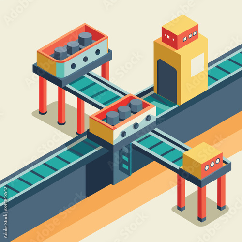 An illustration of a conveyor belt system, rendered in a minimalist isometric style, featuring multiple stations connected by a network of belts, A minimalist depiction of a conveyor belt system