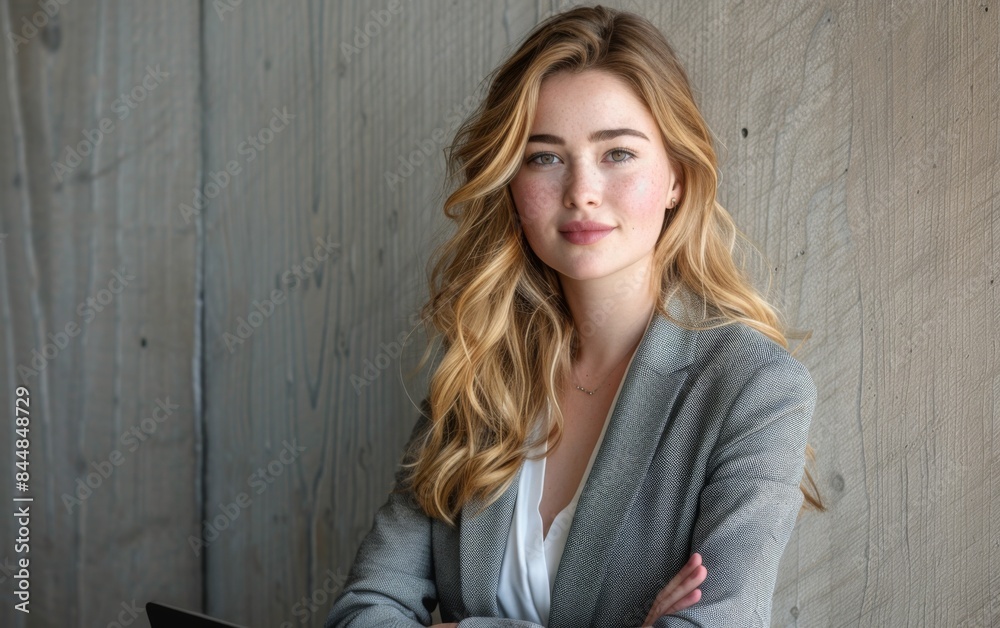 A woman with long blonde hair is wearing a gray jacket and a white shirt. She is smiling and looking at the camera