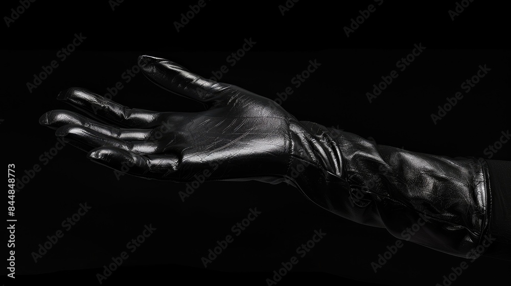 Naklejka premium Black gloved hand displaying item on dark backdrop Isolated with path