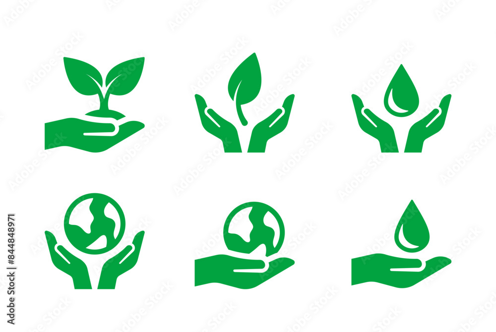 Set Of Ecology Icons Featuring Hands Holding Plant, Leaf, Water Drop, And Earth Symbols. Vector Design Elements Set Of Ecology Icons Featuring Hands Holding Plant, Leaf, Water Drop, And Earth Symbols. Vector Design Elements