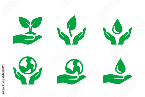 Set Of Ecology Icons Featuring Hands Holding Plant, Leaf, Water Drop, And Earth Symbols. Vector Design Elements