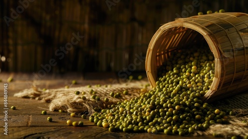 Green mung beans spilled from a bamboo cup in a dark and light illuminated photograph photo