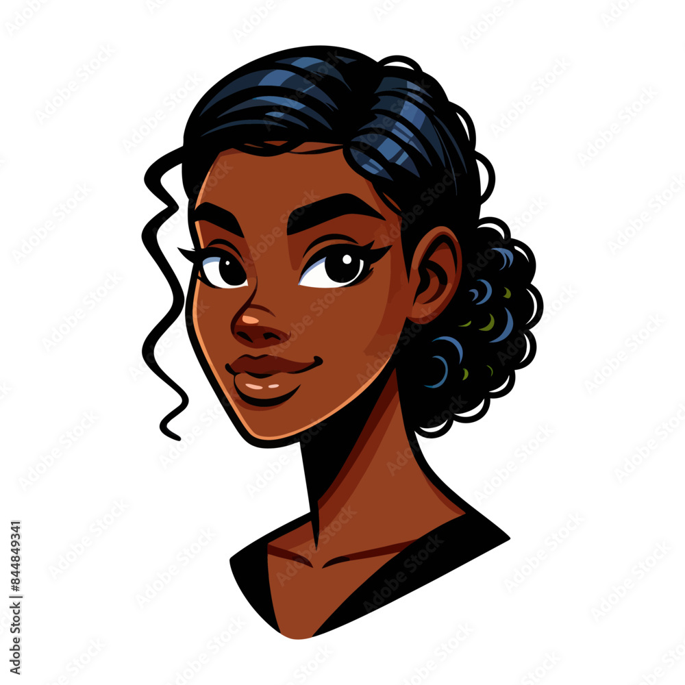 Vector illustration of a woman with curly black hair and a cheerful smile. Ideal for beauty, fashion, and character design projects. Vector illustration of a woman with curly black hair and a cheerful smile. Ideal for beauty, fashion, and character design projects.
