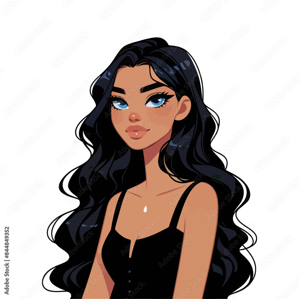 Vector illustration of a beautiful woman with long black hair and striking blue eyes. Ideal for beauty, fashion, and character design projects. Vector illustration of a beautiful woman with long black hair and striking blue eyes. Ideal for beauty, fashion, and character design projects.
