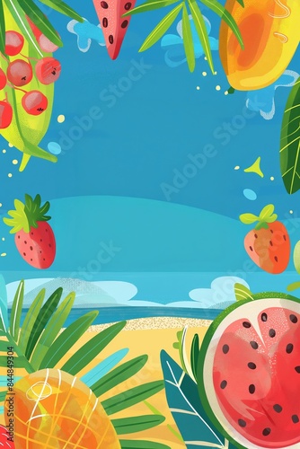 An exotic summertime poster featuring tropical fruits like watermelon, and pineapple on a vibrant beach backdrop. © Andrii Zastrozhnov