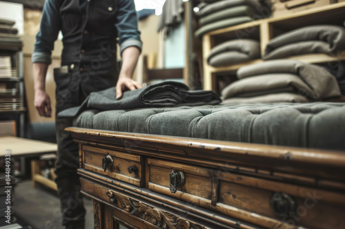 Bespoke furniture upholstery: Upholsterer re-covering furniture with fabric and padding in a workshop.