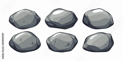 Rock stone set cartoon. Cobble stone game objects. Three dimensional stones and rocks element, isometric 3d flat style. Mountain grey stones. Vector grey rock stone, isolated on white background.